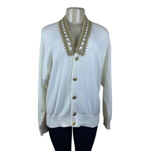 Vintage Fashioned By Pamela Hoke Gold & White Womens Knitted Cardigan